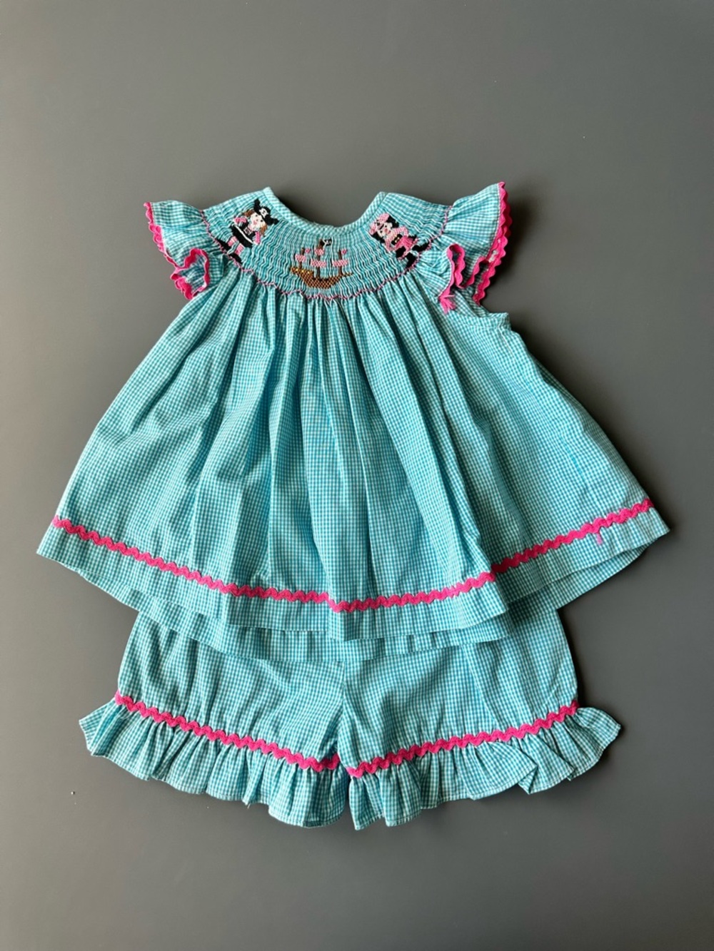 Girls Aqua Gingham Smocked Matching Set with Pink Trim